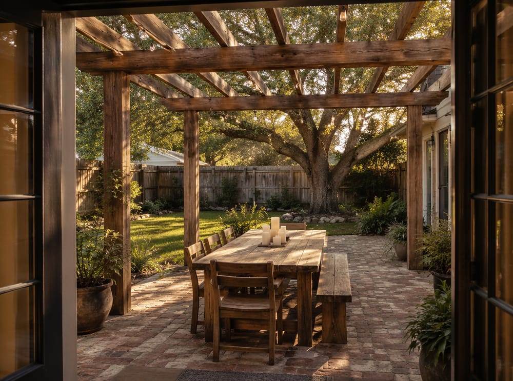 Pergola van hergebruikt hout met bijpassende eettafel