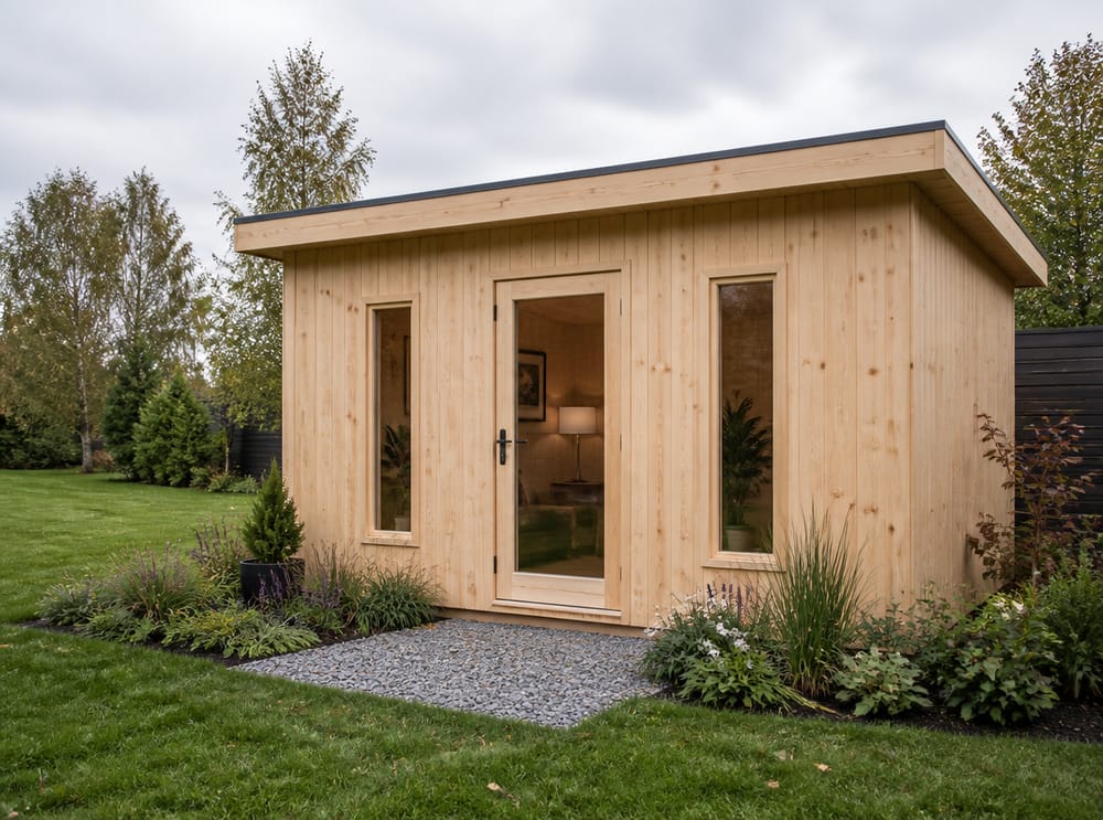 Casetta scandinava in pino con porta a vetri