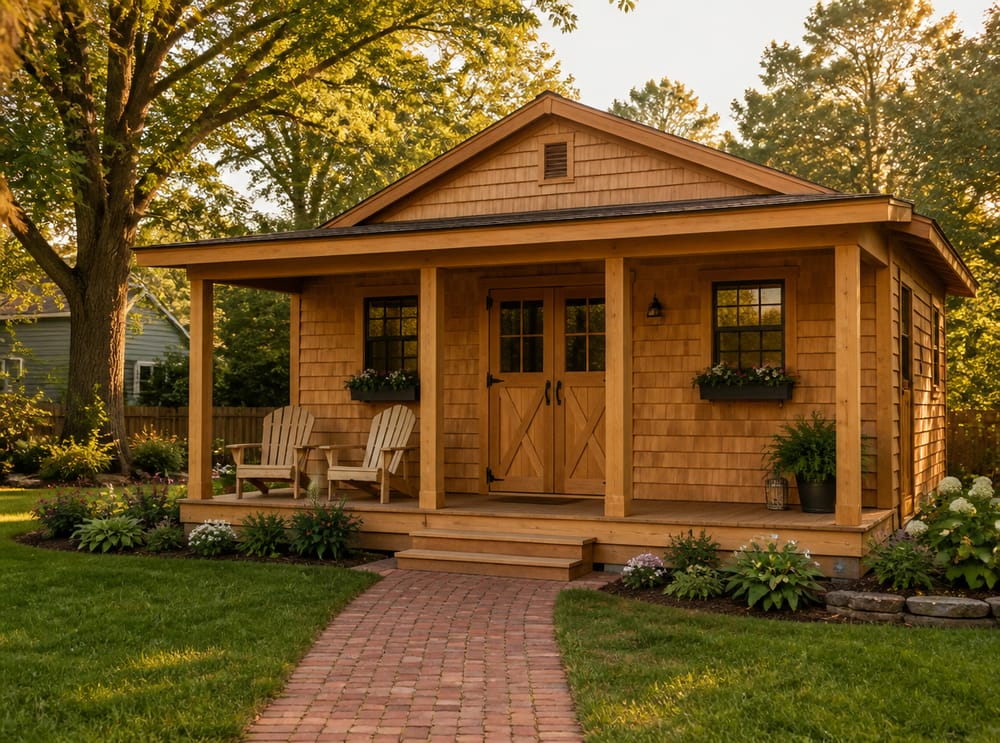 Casetta in cedro con portico coperto e sedie Adirondack