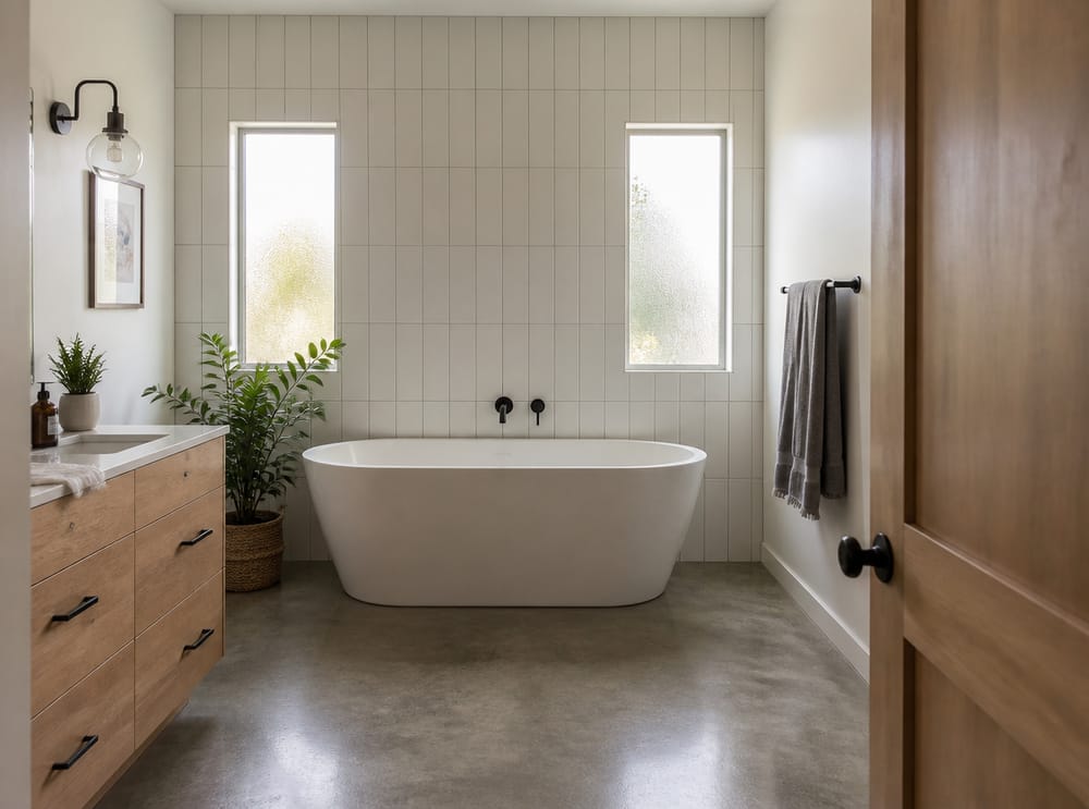 Floor-to-ceiling subway tile behind freestanding tub
