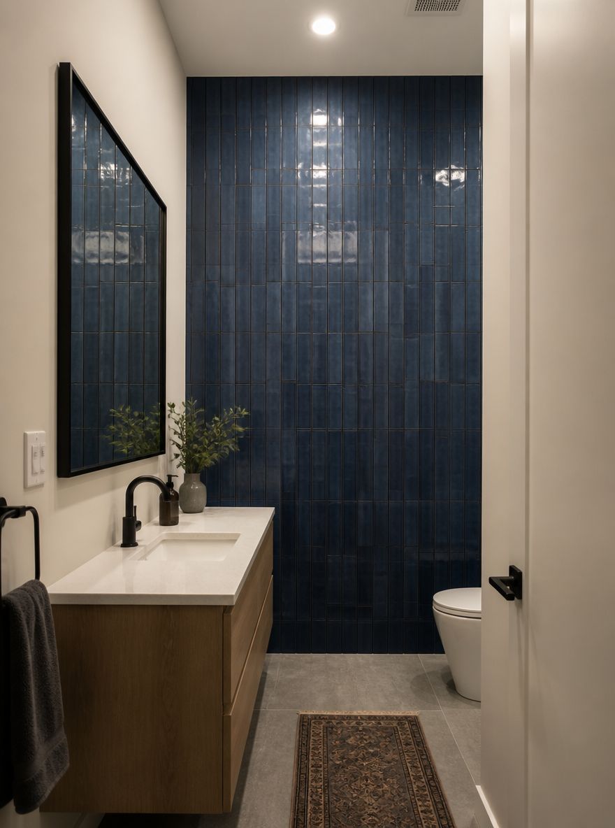 Zellige tile accent wall behind floating vanity