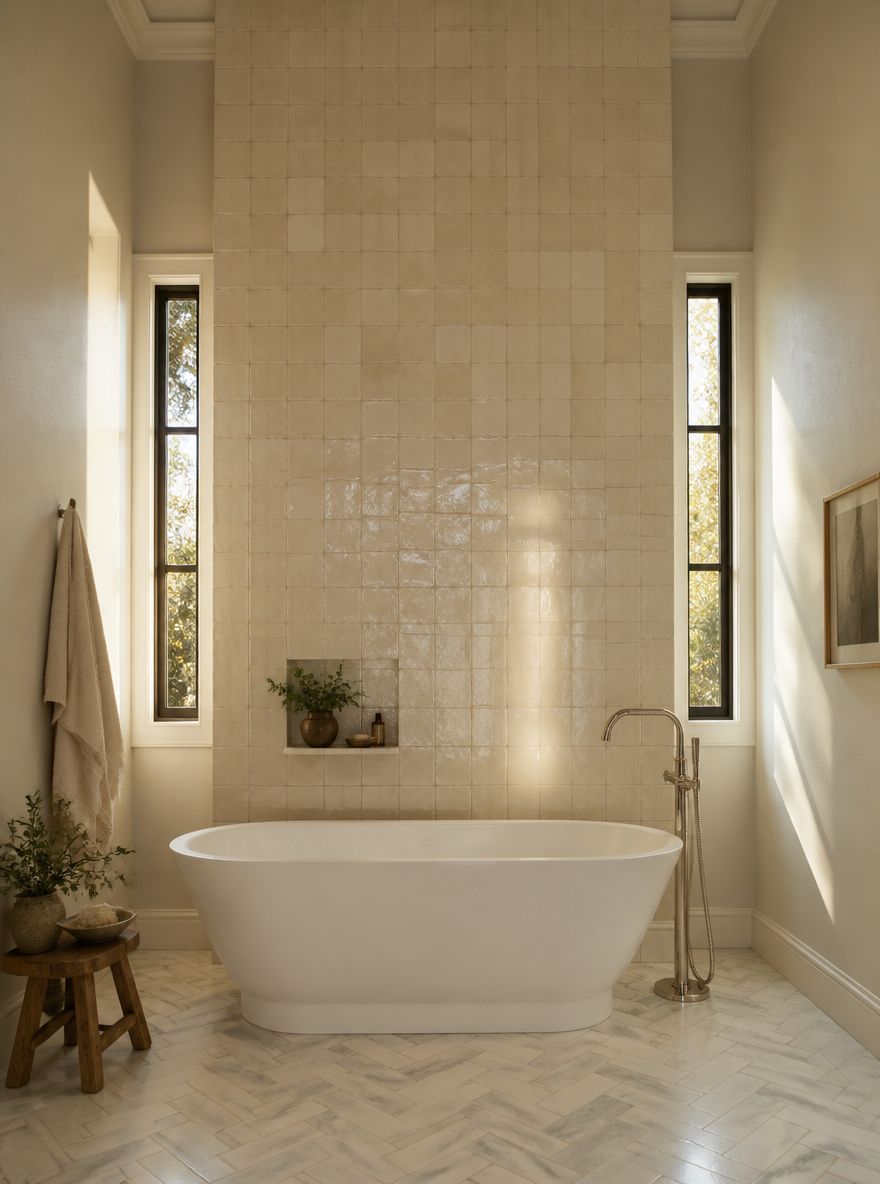 Handmade ceramic feature wall behind cast iron tub