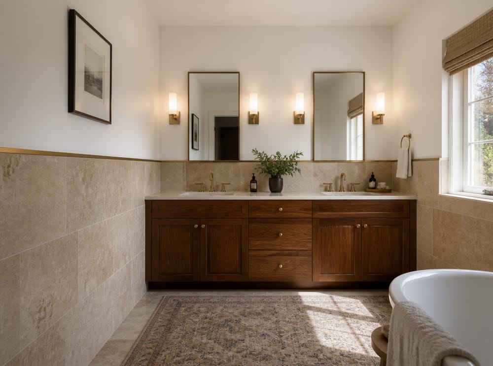 Half-height travertine tile with brass chair-rail trim
