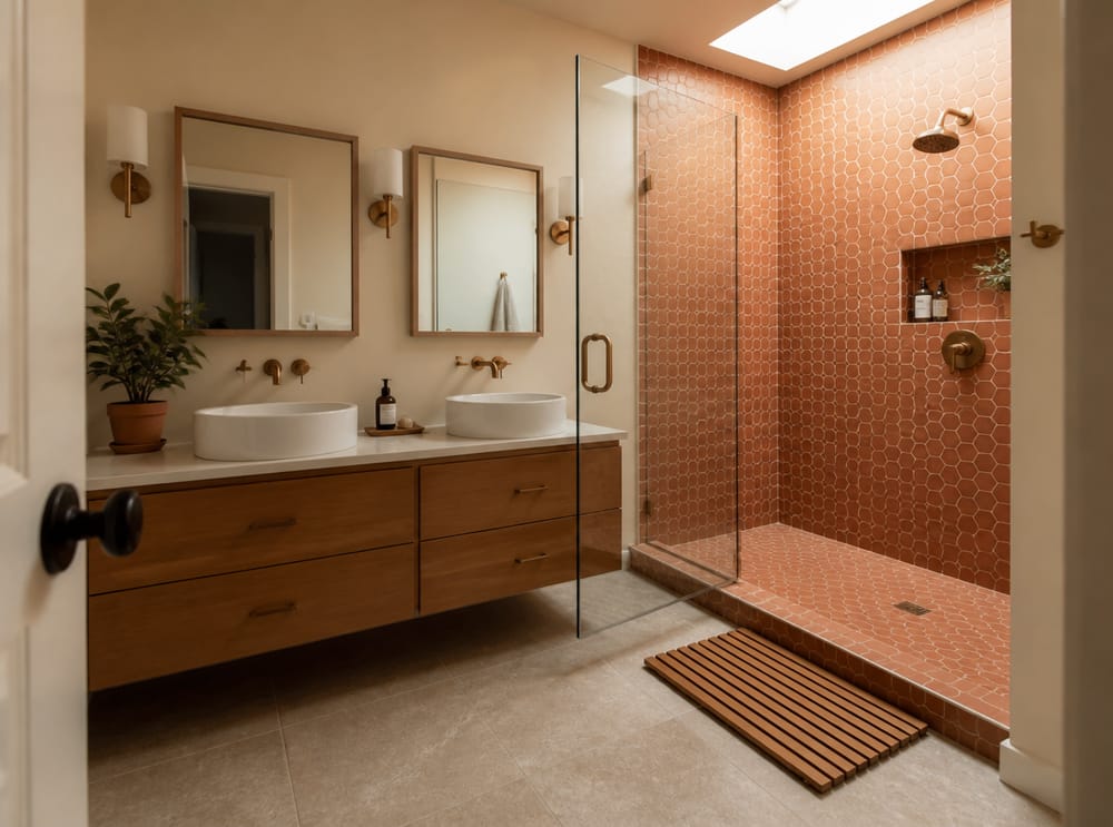 Terracotta hexagon tiles inside open shower enclosure