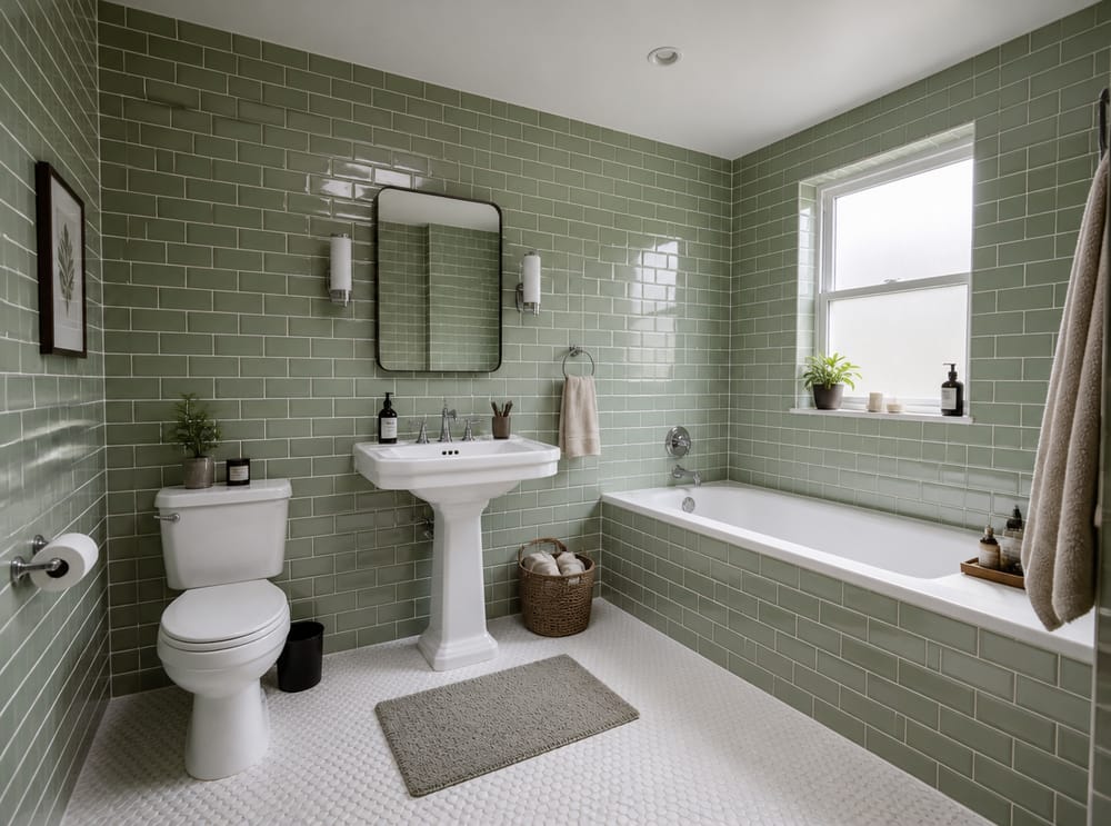 Sage green metro tiles wrapping three bathroom walls