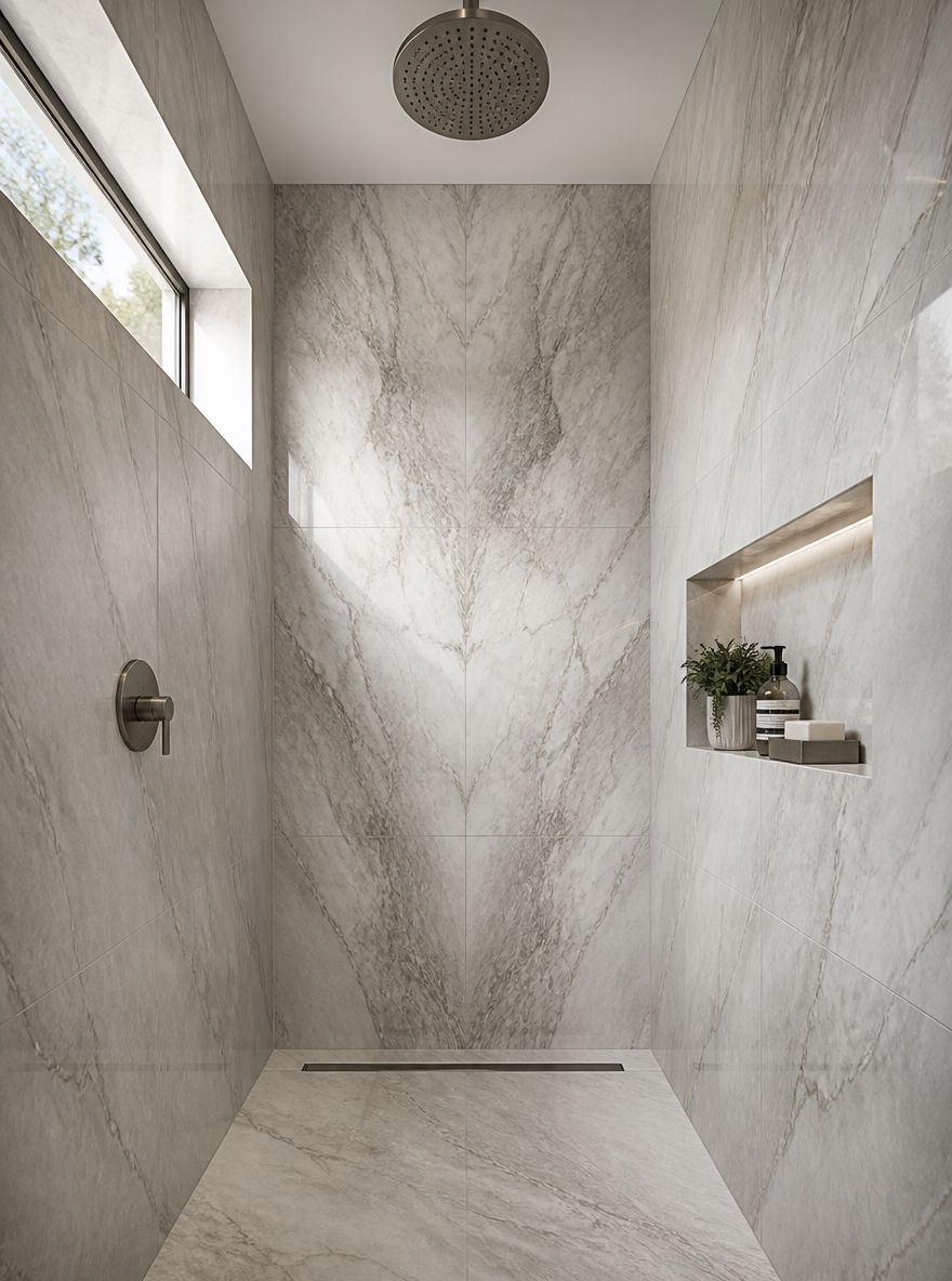 Book-matched marble-look porcelain in walk-in shower