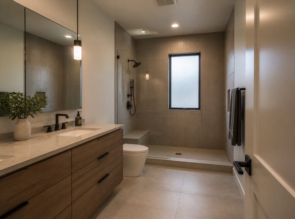 Vertical stack taupe tiles inside walk-in shower with bench