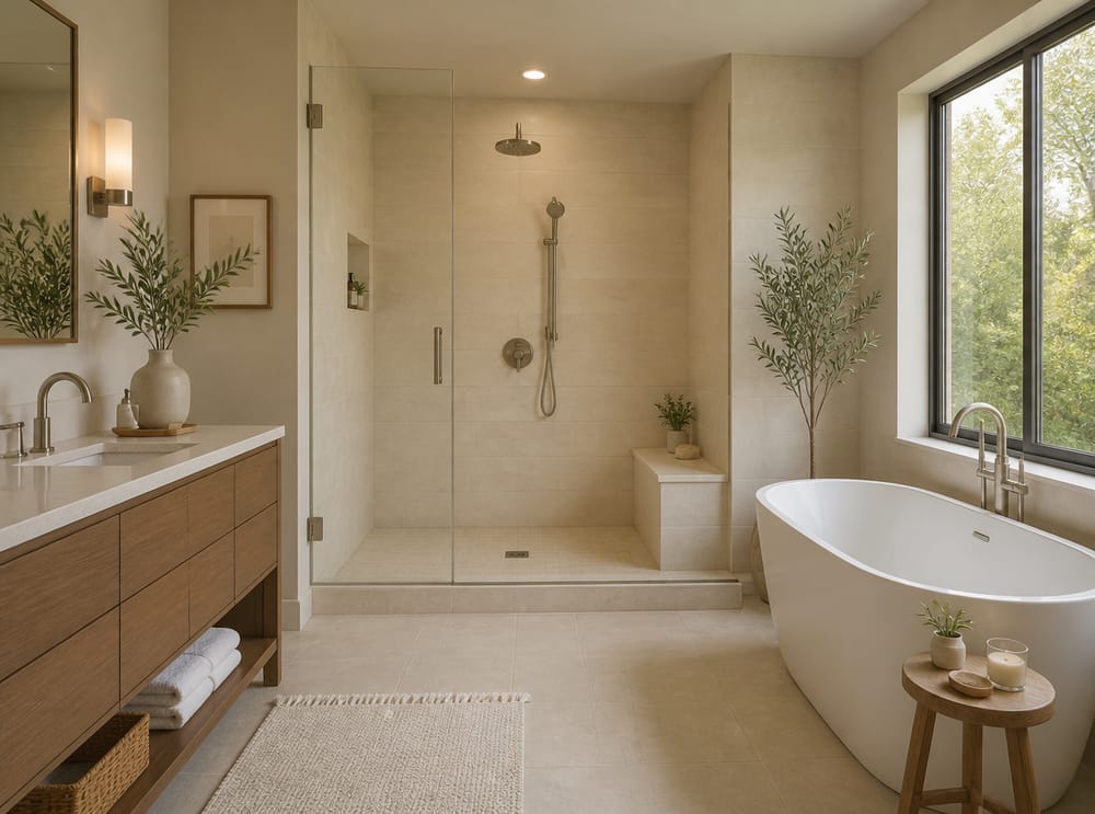 Honed limestone-look tiles in spa shower with bench