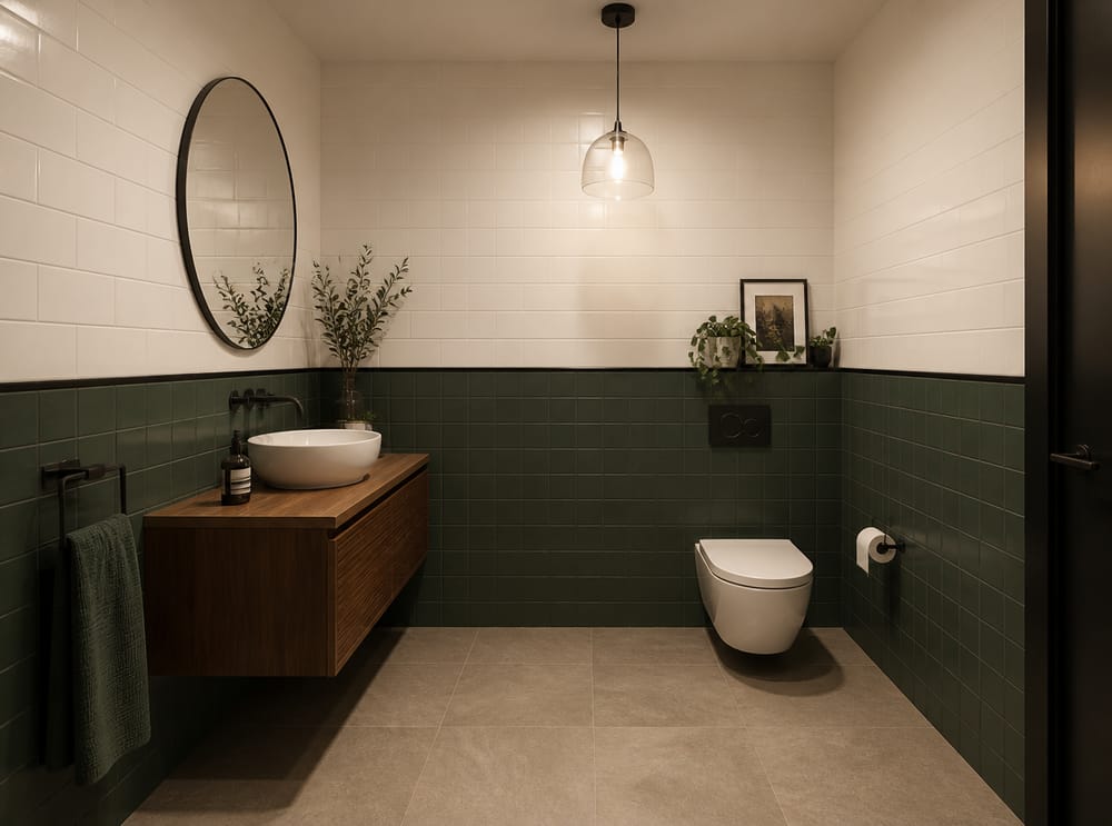 Two-tone tile split with black metal dividing strip