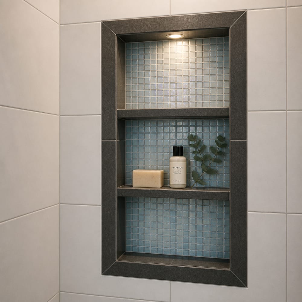 Mosaic glass niche inset into matte white tile wall