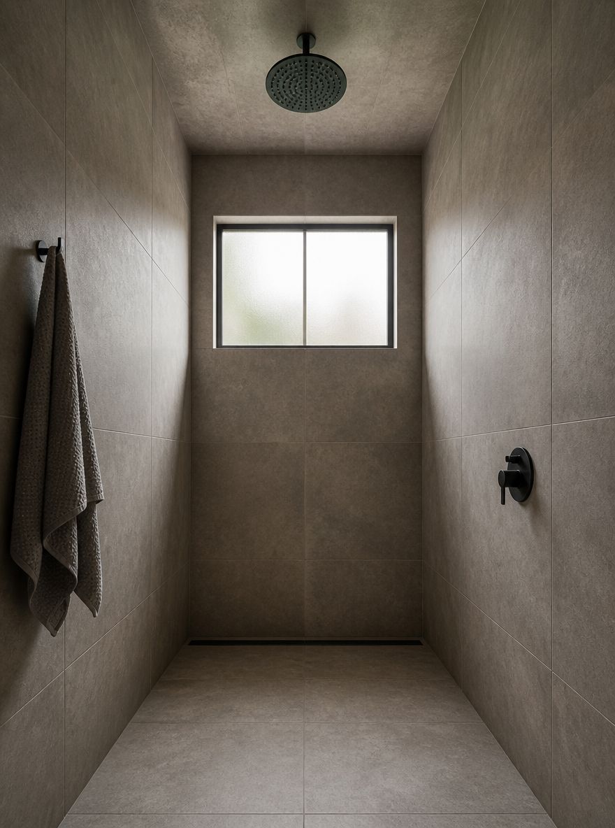 Full wet room in floor-to-ceiling concrete-look tile