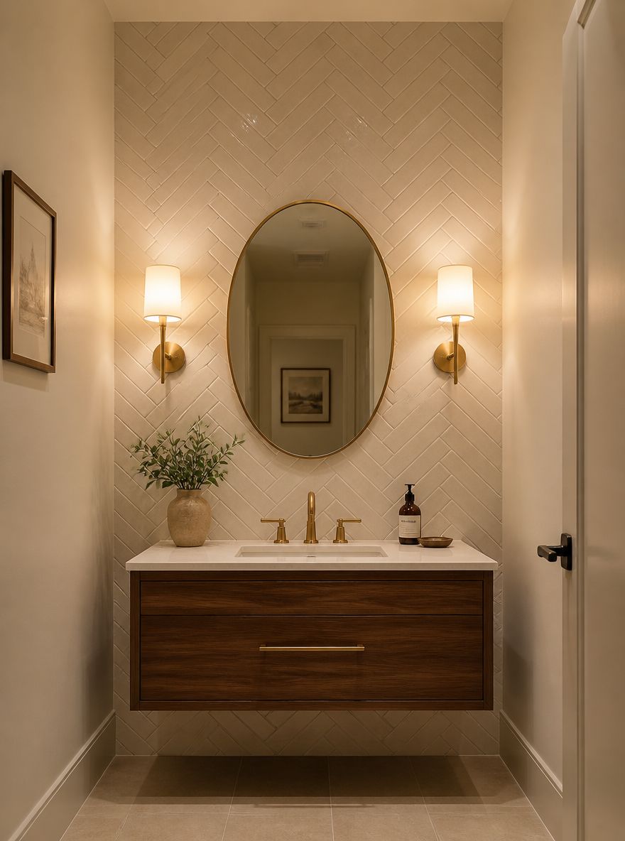 Herringbone satin tile behind vanity, floor to ceiling
