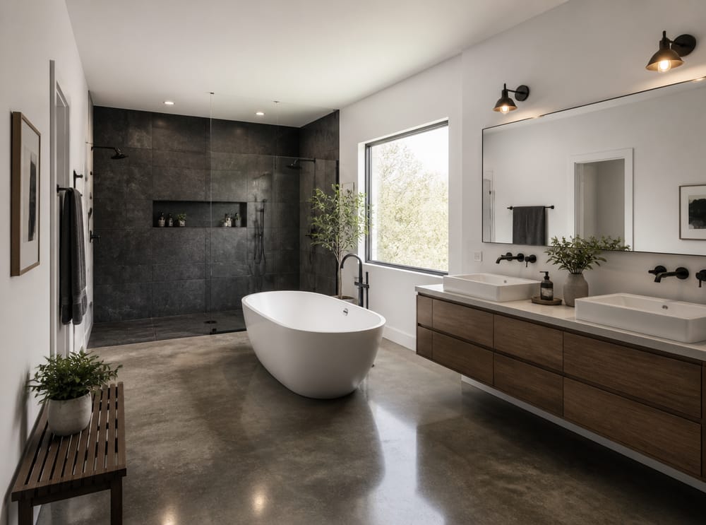 Charcoal slate tile shower wall in open master bath