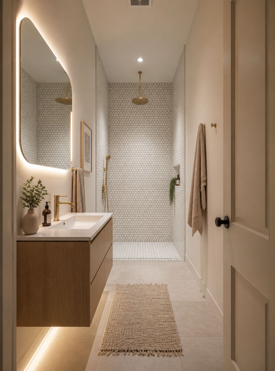 Penny-round tile wet zone at end of narrow bathroom