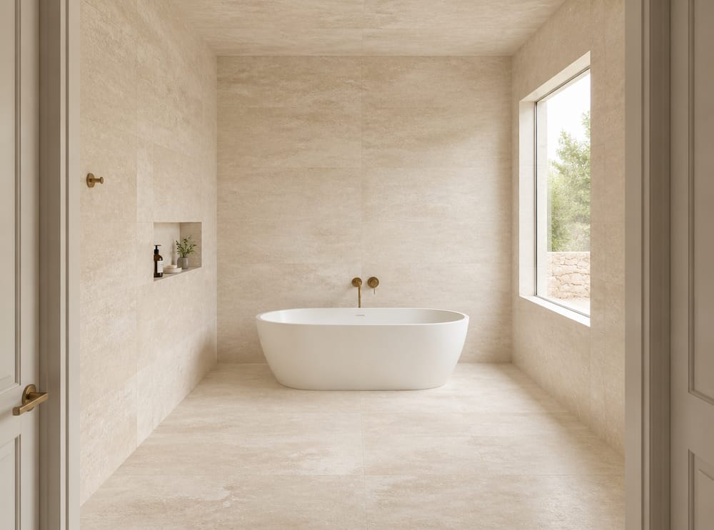 Monolithic travertine-look tile covering walls and floor