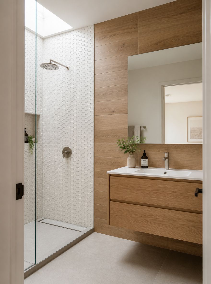 Hexagon shower tile meets wood-look porcelain vanity wall