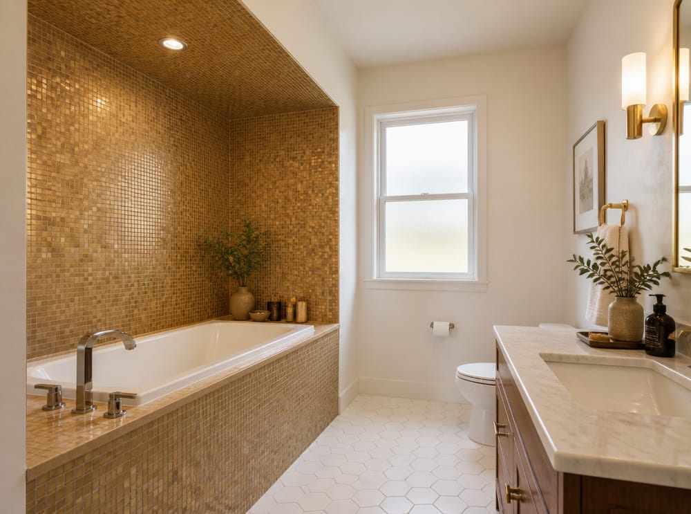 Gold mosaic tile wrapping bathtub alcove walls and ceiling