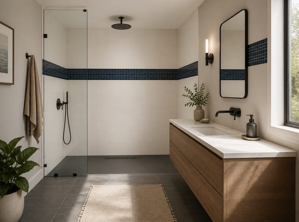 Mosaic border band crossing large-format shower tiles