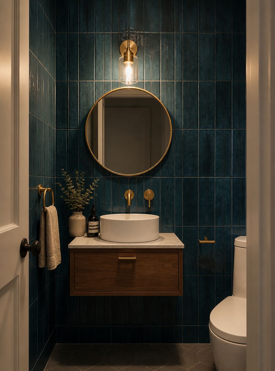 Glossy teal vertical stack tile on compact bathroom wall