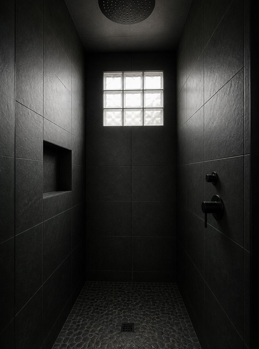 Matte black tile corner in walk-in shower, full height
