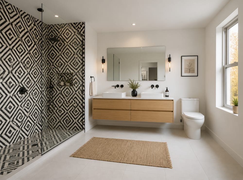 Black and white diamond tile in glass-enclosed shower