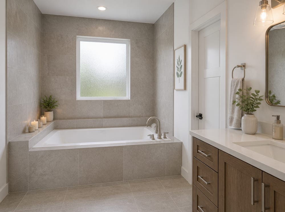 Stone-look porcelain surround on three-sided tub alcove