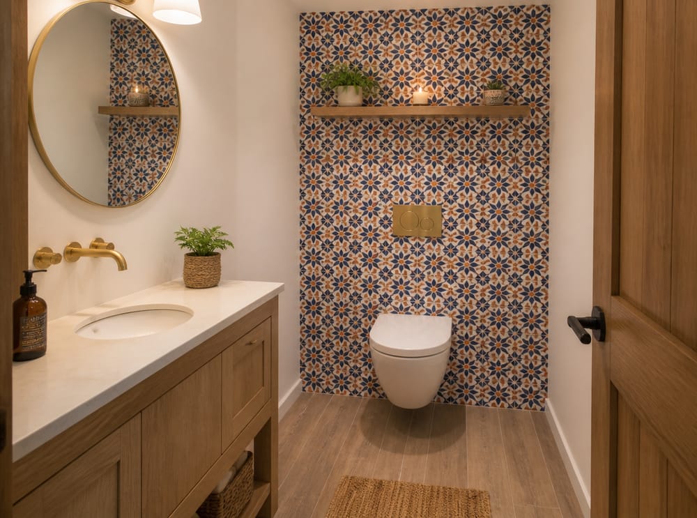 Moroccan-pattern tile as toilet feature wall