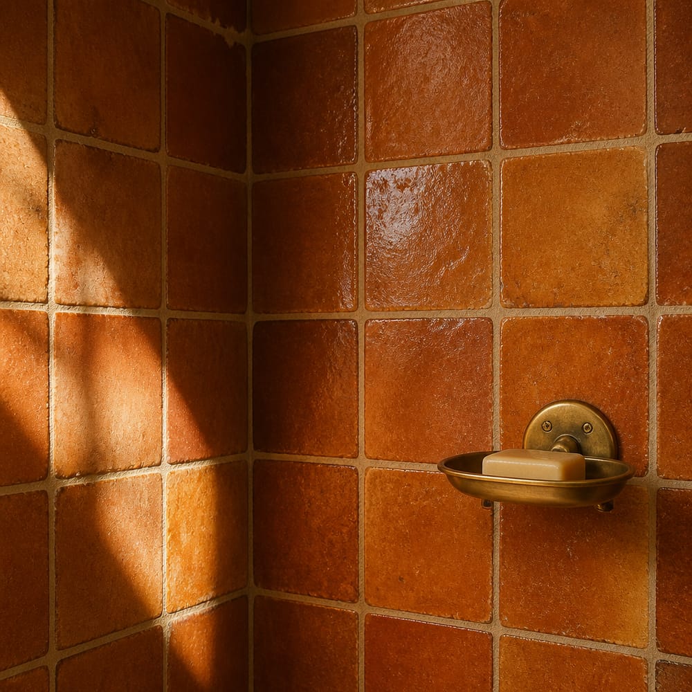 Grout line detail on handmade terracotta wall tiles