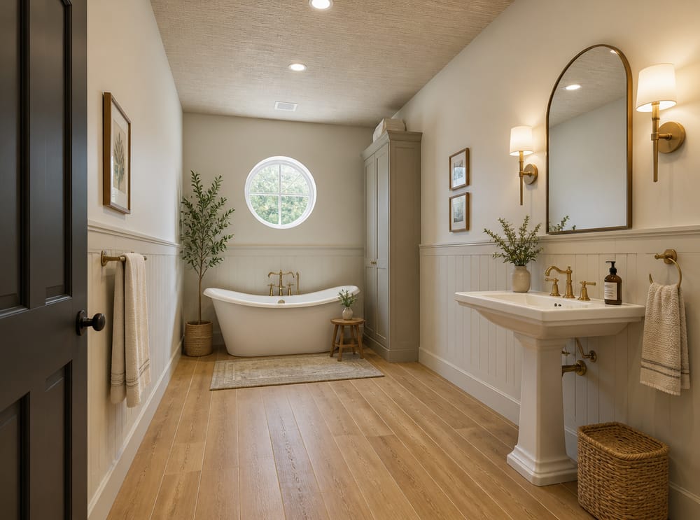 Banyo tavanına uygulanmış keten efektli duvar kağıdı