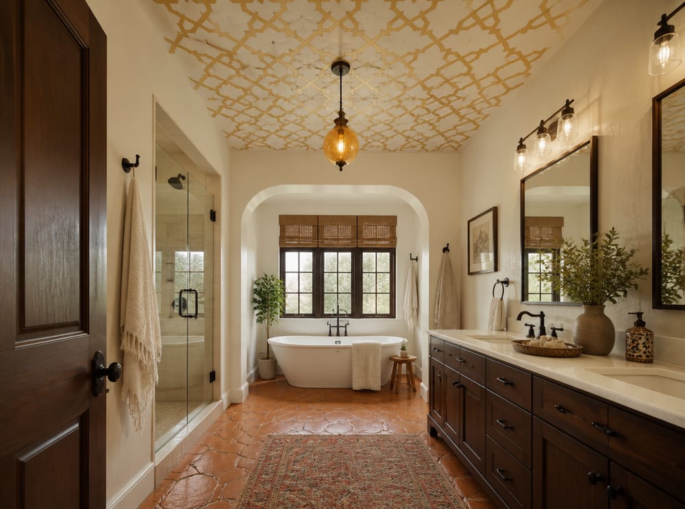 Banyo tavanında boyalı altın şablon kafes deseni
