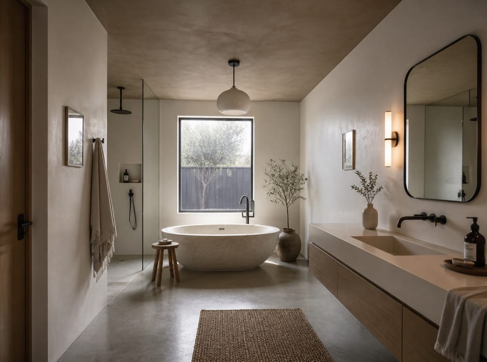 Banyo tavanında sıcak taupe mikro beton sıva