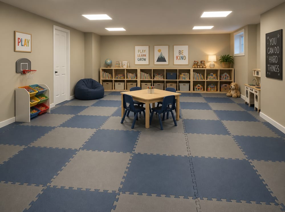 Pavimento in piastrelle di gommapiuma nella sala giochi con soffitto basso