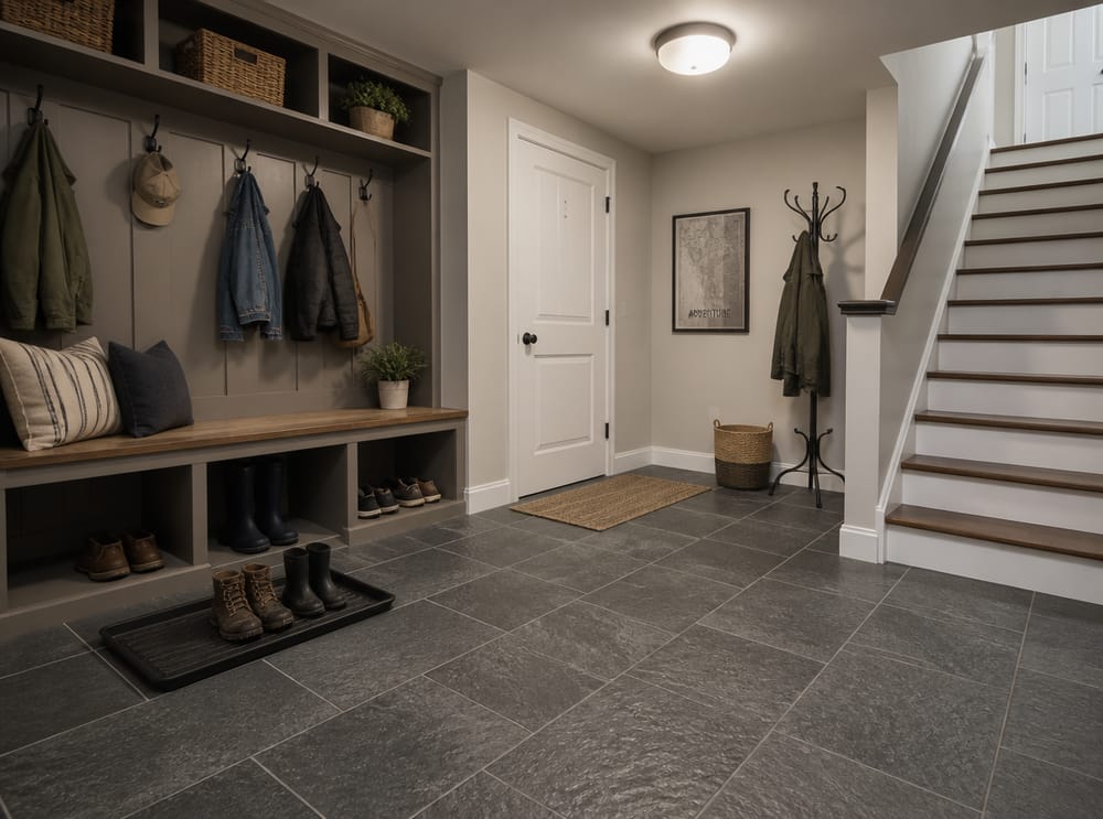 Gres porcellanato effetto ardesia nell’ingresso mudroom sotto livello