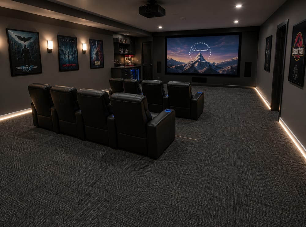 Quadrotte di moquette antracite nella sala cinema dedicata