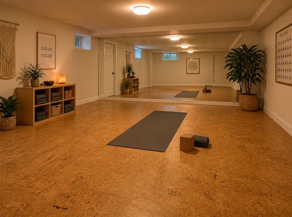 Piastrelle in sughero caldo nello studio yoga in seminterrato