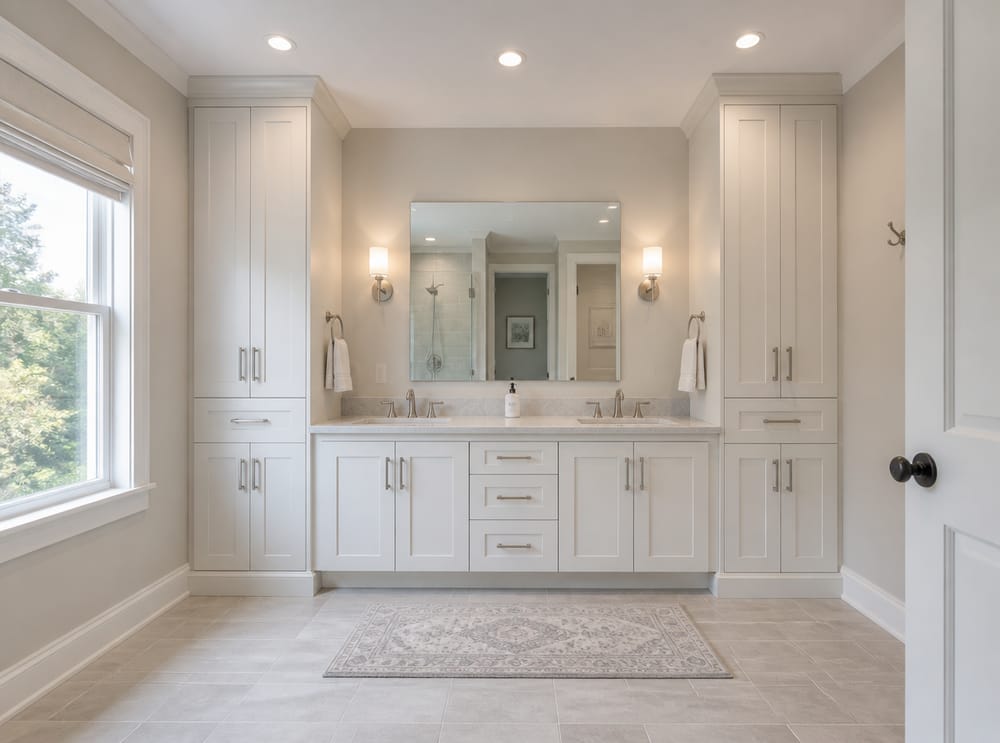 Double-sink vanity flanked by tall storage cabinets