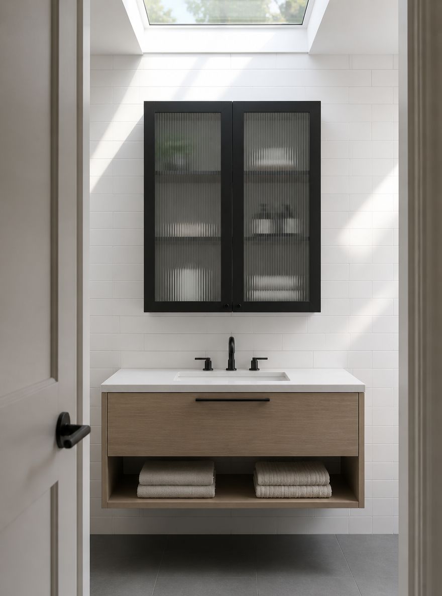 Frosted glass wall cabinet above floating vanity
