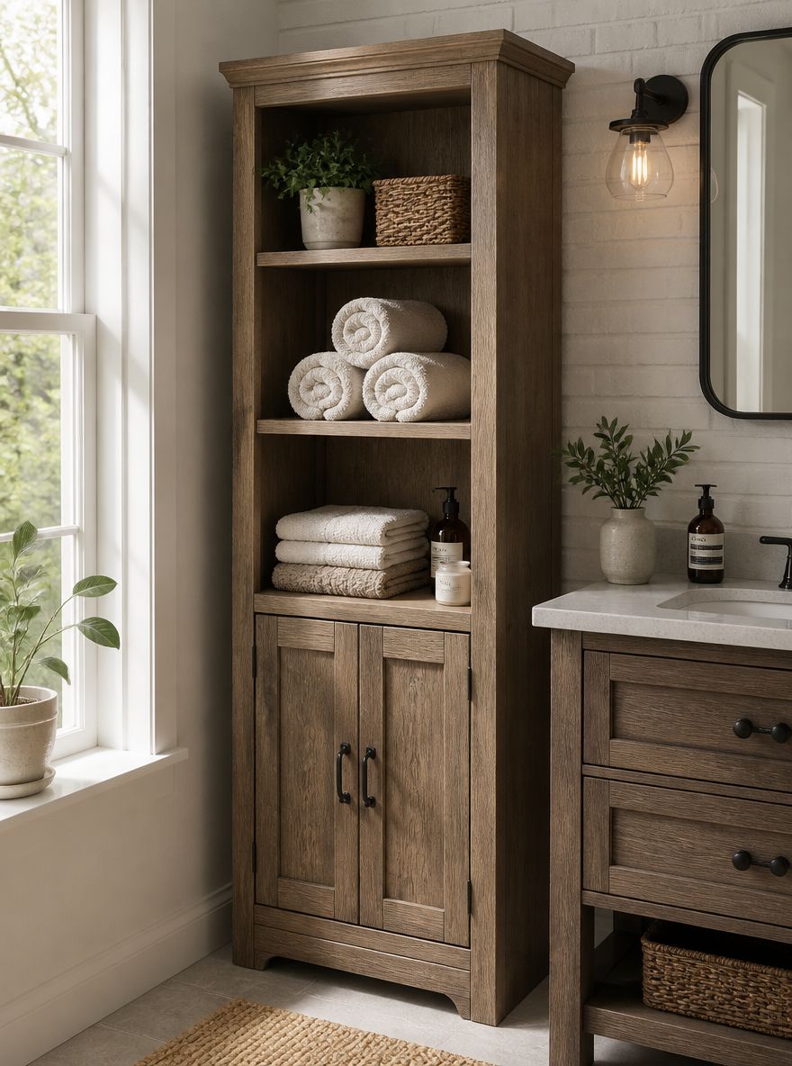 Freestanding oak cabinet with open and closed sections