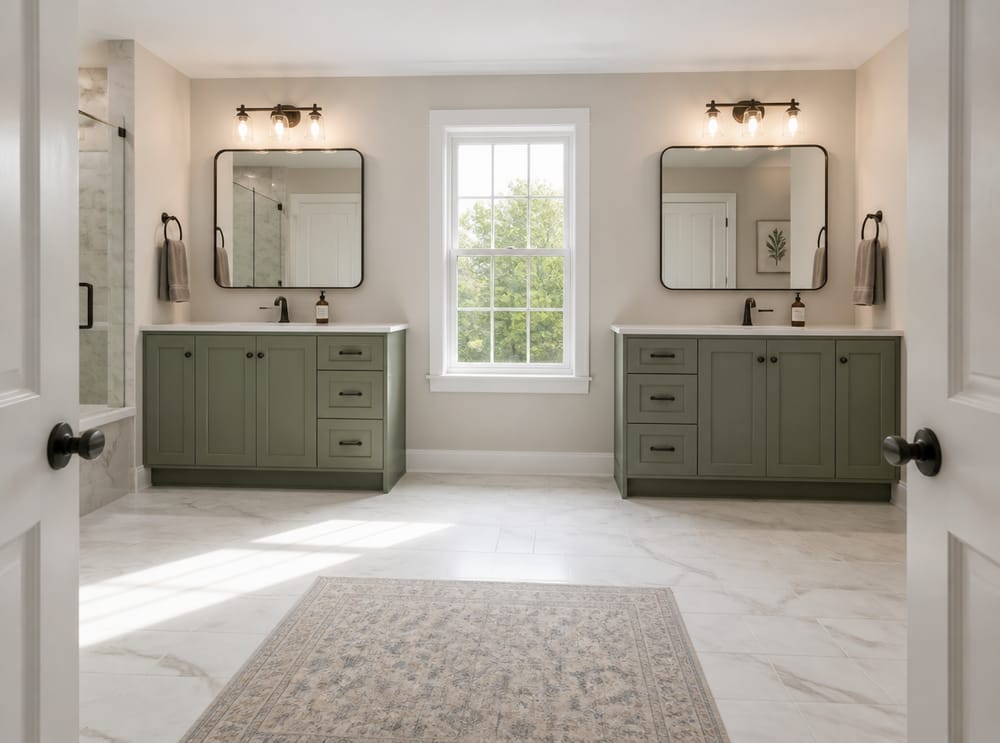 Sage green his-and-hers vanity cabinets framing window