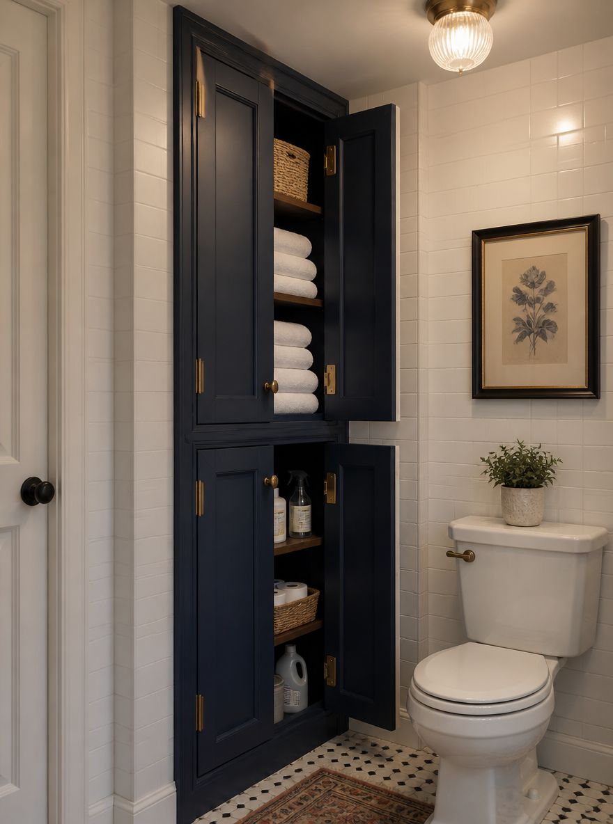 Navy linen cabinet tucked into bathroom alcove
