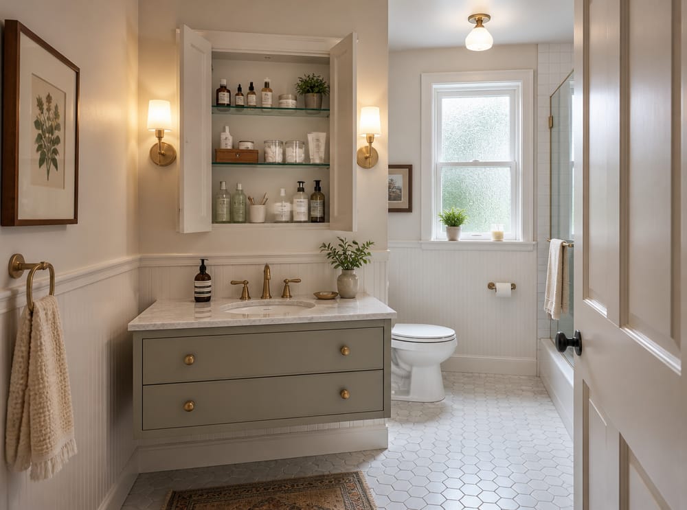Recessed medicine cabinet open with organized shelves