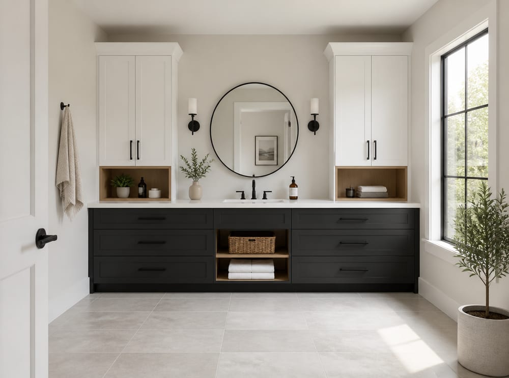 Two-tone vanity mixing open cubbies and drawers