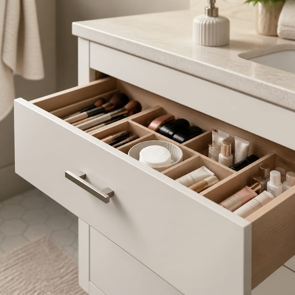 Organized vanity drawer interior with dividers