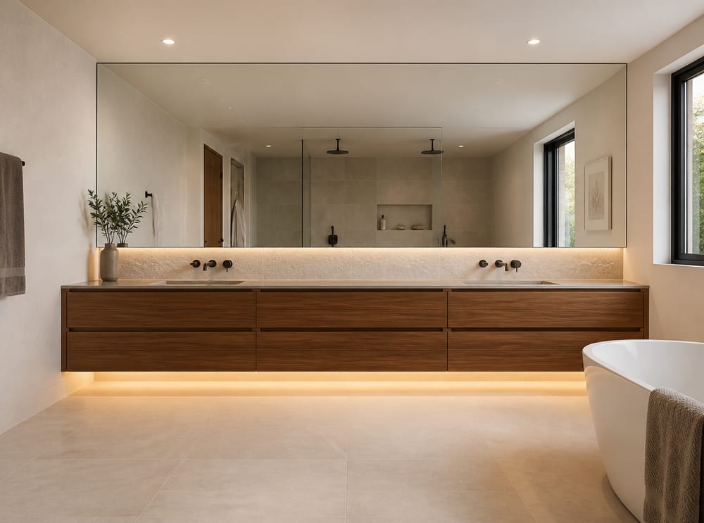 Full-width walnut vanity with under-cabinet LED glow