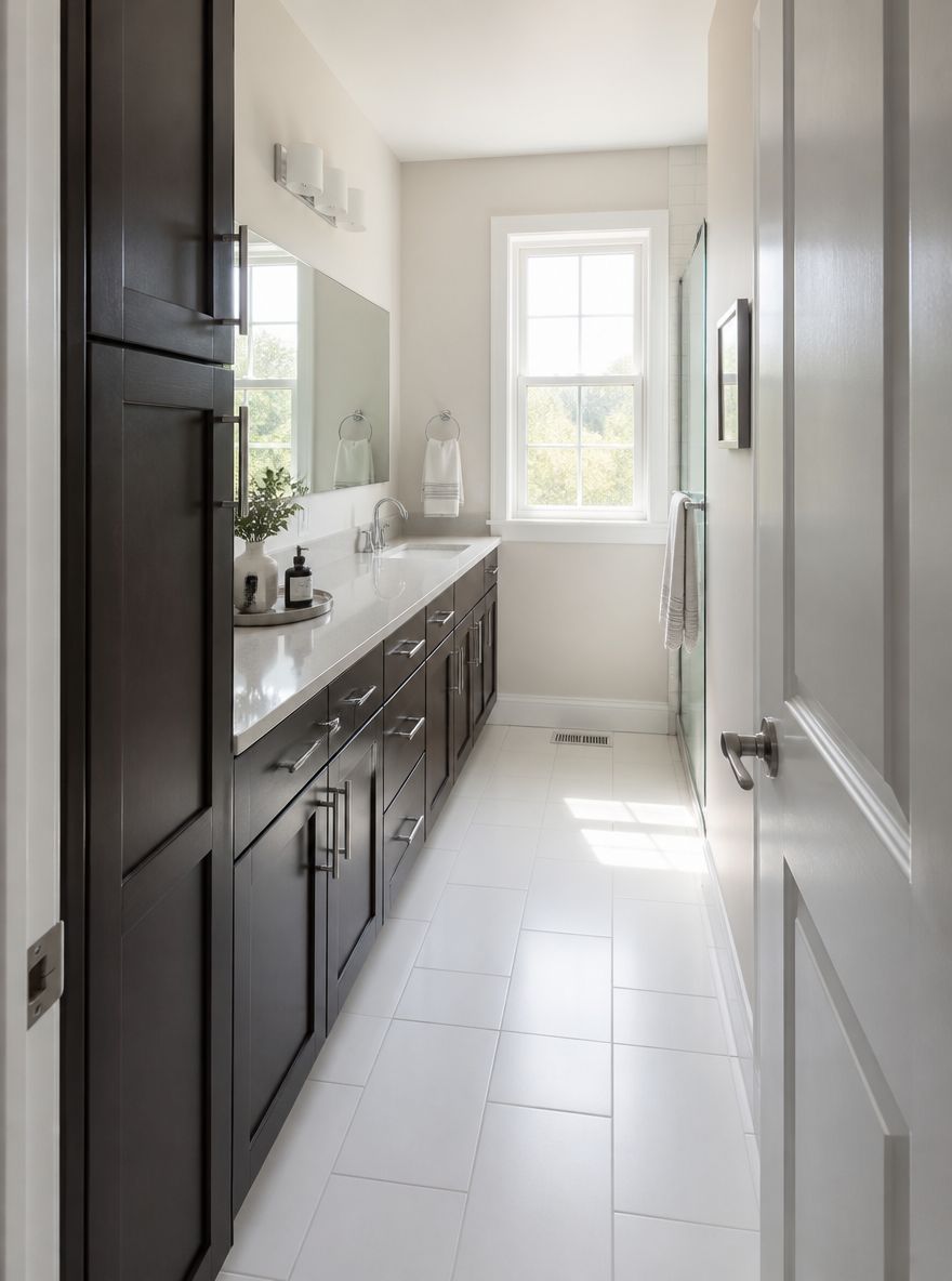 Galley bathroom with matching vanity and linen tower