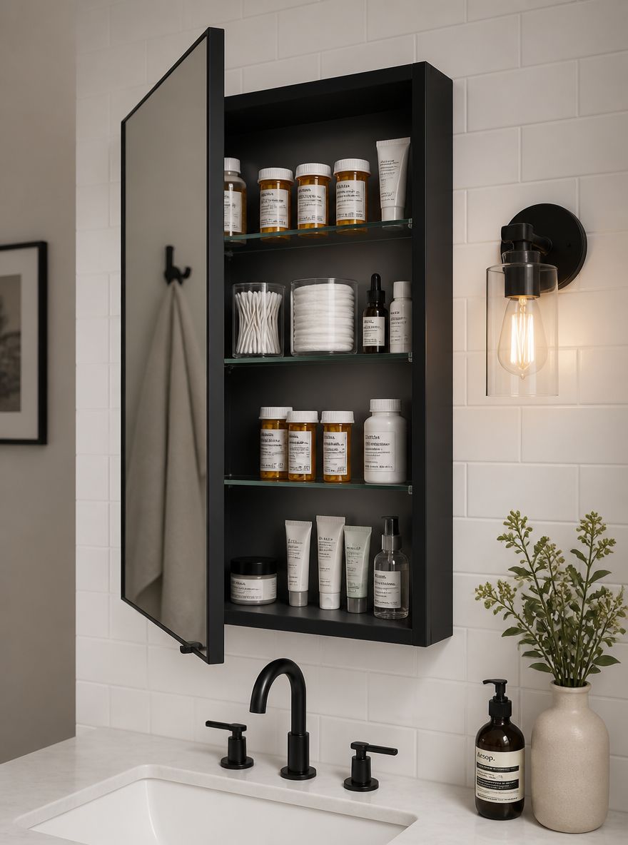 Matte black medicine cabinet with organized interior