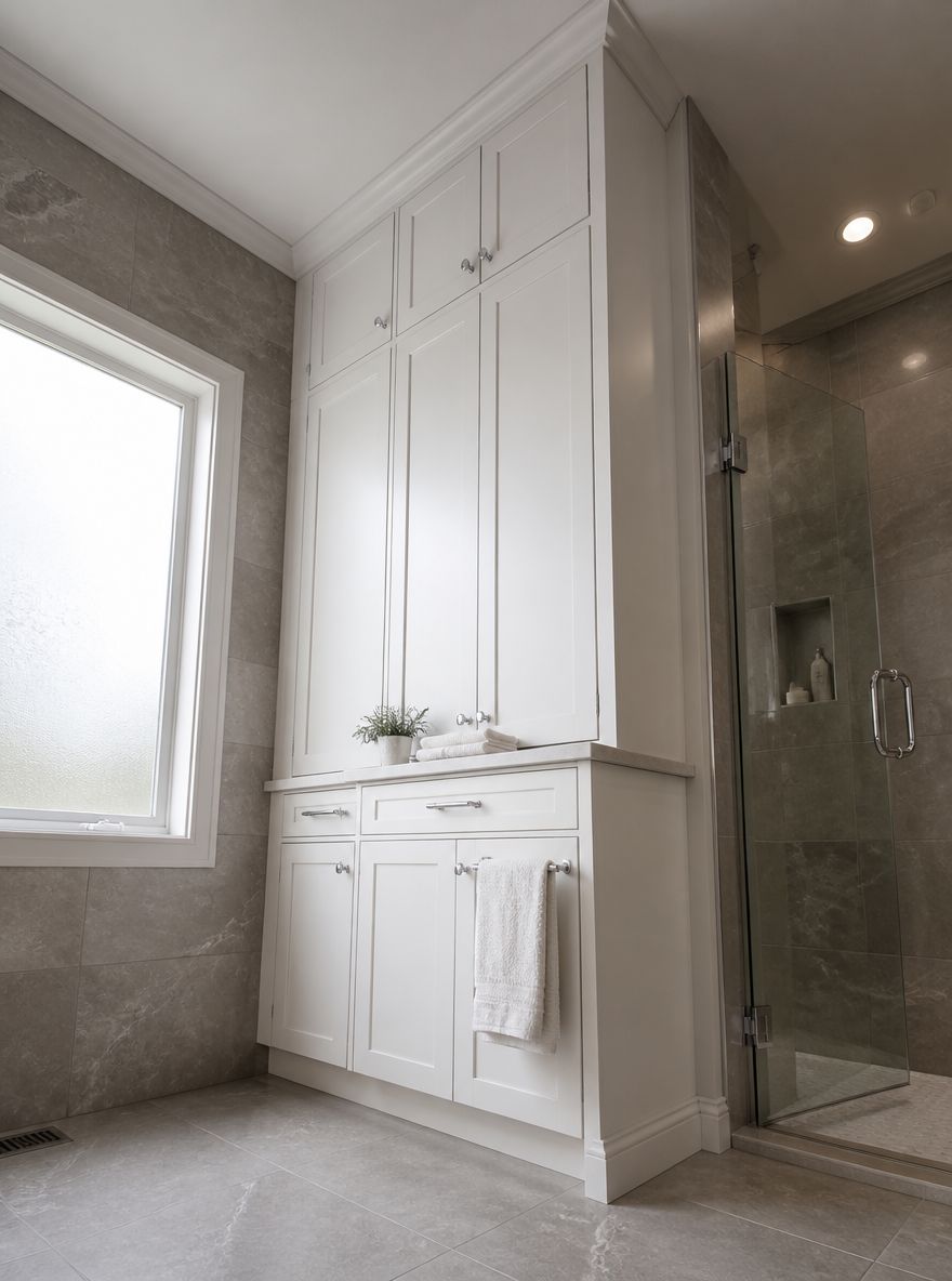 Ceiling-height built-in beside shower enclosure
