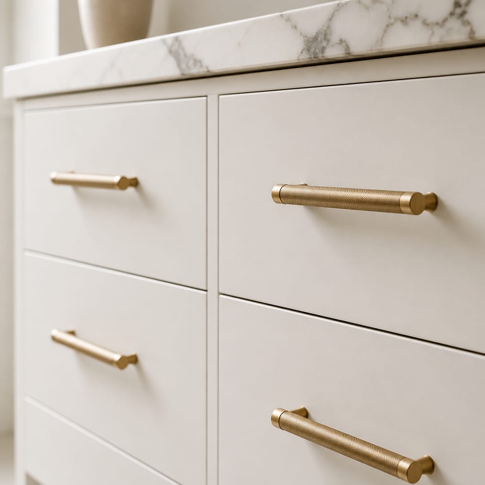 Brass bar pulls on flat-panel vanity drawer faces