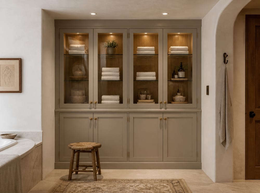 Built-in recessed cabinet with glass-front upper doors
