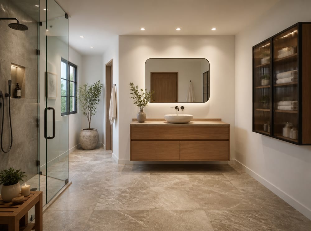 Teak floating vanity with smoked glass wall cabinet